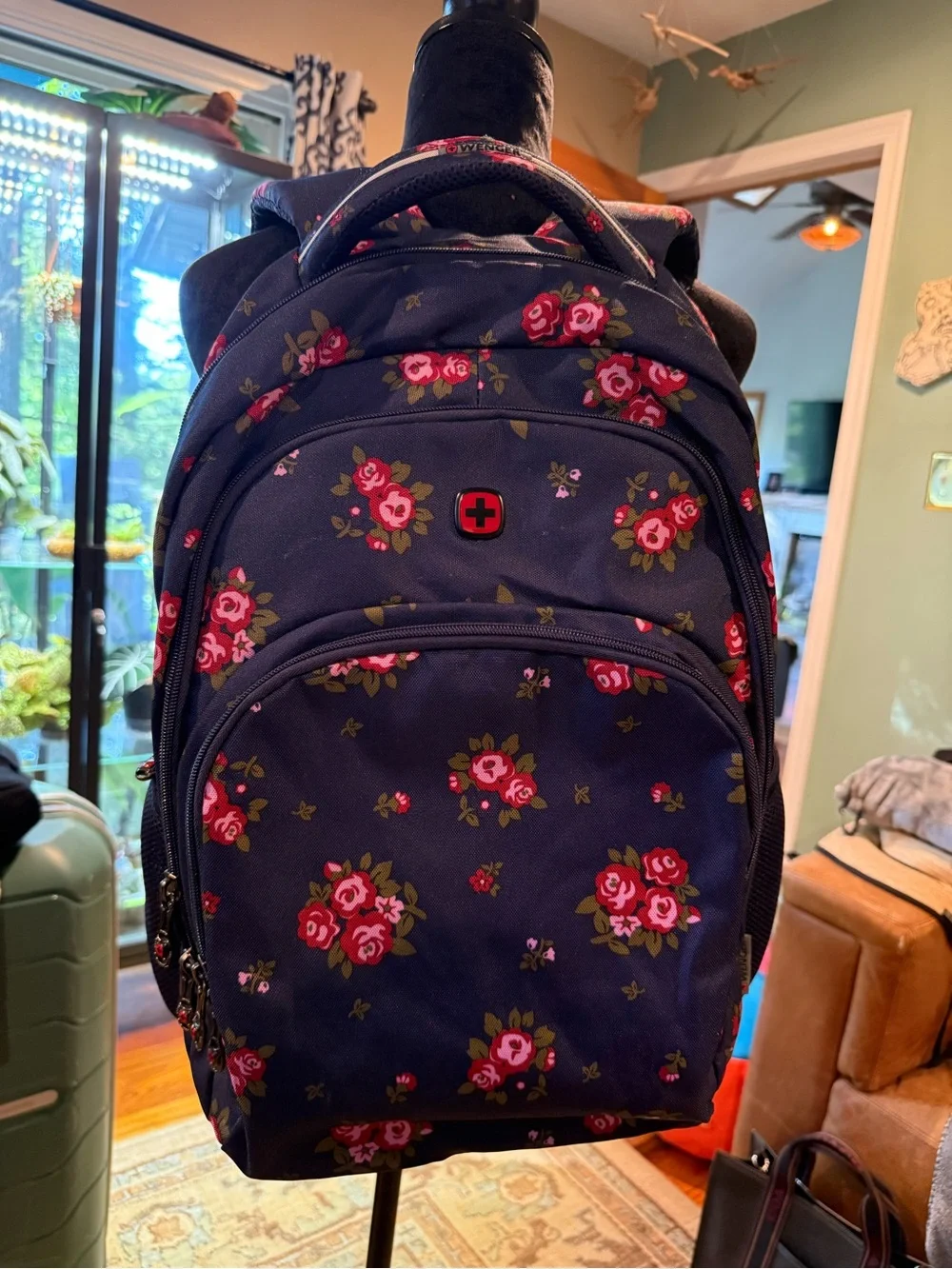 Swiss Gear Wenger Navy Backpack with Pink and Red Rose Print